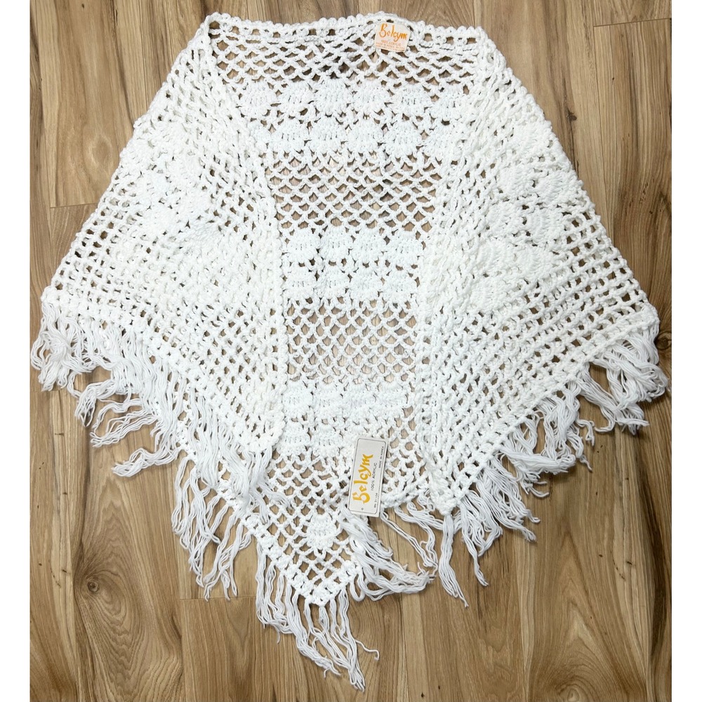 VTG 70s Belcym Crochet Shawl‎ White Boho Fringe Wrap Open Knit Deadstock Cottage